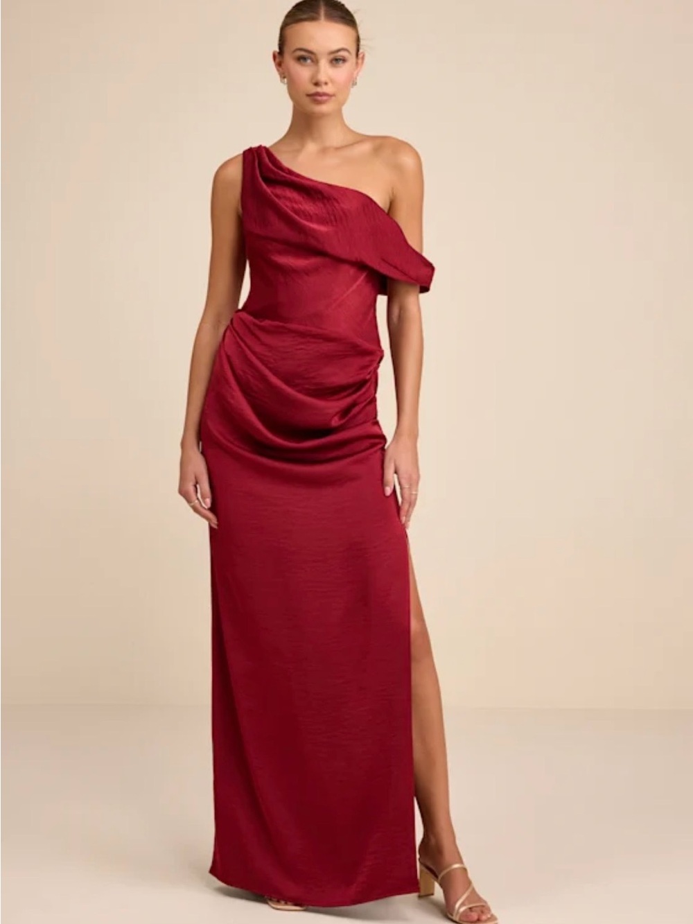 Lulu's One-Shoulder Burgundy Satin Evening Dress